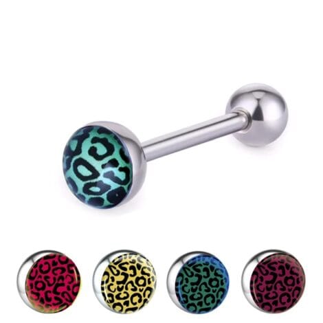 Glossy Leopard Print Dome Top Tongue Barbell, Bonus Bar