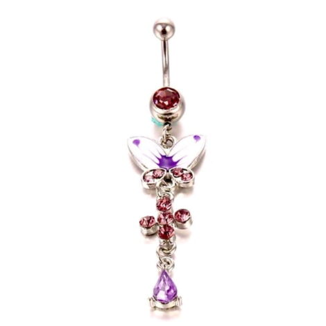 Purple Dangle Butterfly with Crystal Flower and Tear Drop Belly Ring - Image 2