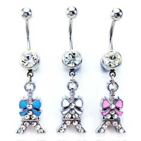 Crystal Paved Eiffel Tower with Bow Navel Belly Ring
