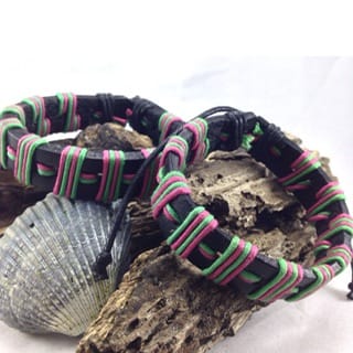 Black Leather Wristband Wrapped with Pink and Green Cord