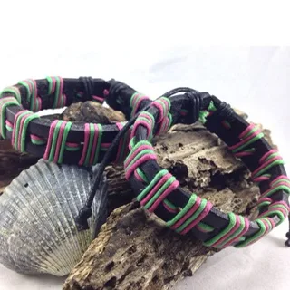 Black Leather Wristband Wrapped with Pink and Green Cord