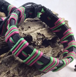 Black Leather Wristband Wrapped with Pink and Green Cord - Image 2