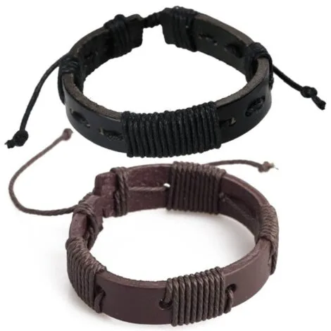 Black or Brown Cord Wrapped Tribal Leather Wristbands