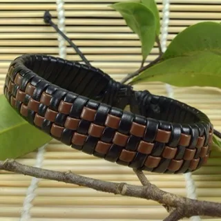 Brown Leather Wristband with Black and Brown Checks - Image 2