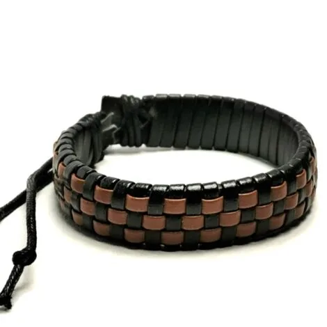 Brown Leather Wristband with Black and Brown Checks