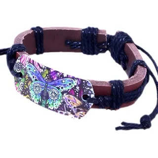 Brown Leather Wristband with Blue Butterfly