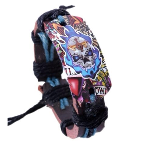 Blue Flaming Skull Leather Wristband