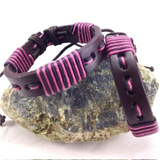 Brown Leather with Pink Cord Wrapped Wristband