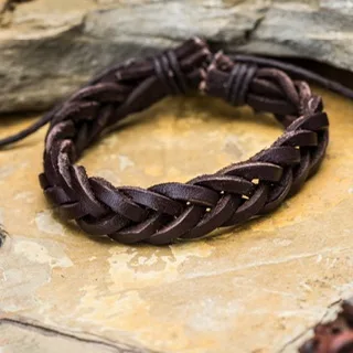 Brown Leather Plaited Wristband - Image 3