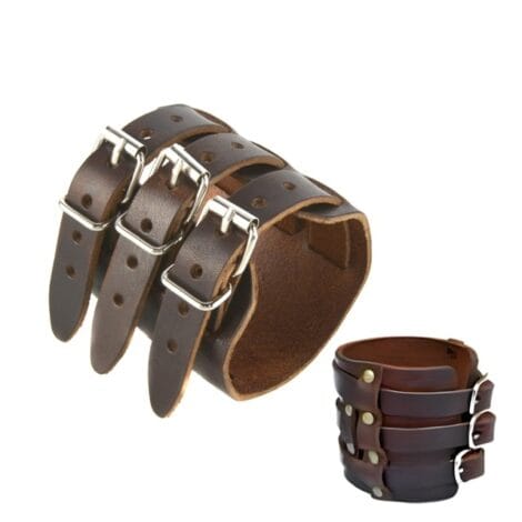 Brown Leather Rivet Wristband Cuff with Triple Straps and Buckles