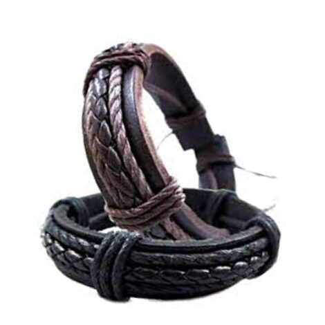 Brown Leather Wristband With Plaited Row - Image 2