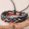 Brown Leather Wristband Plaited with Colourful Hemp Cord