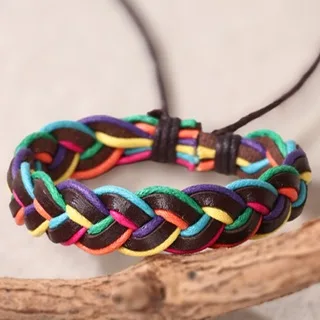 Brown Leather Wristband Plaited with Colourful Hemp Cord