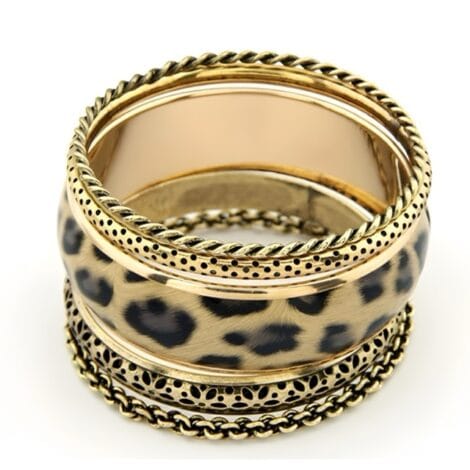 Multilayer 5 Bangle Set In Gold with Leopard Print