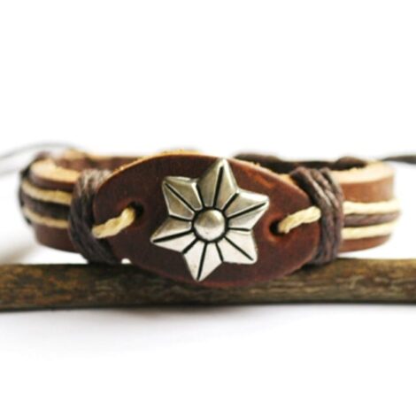 Brown Leather Wristband With Flower Charm - Image 2