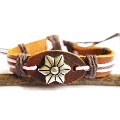 Brown Leather Wristband With Flower Charm - Image 5