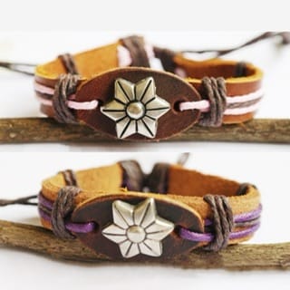 Brown Leather Wristband With Flower Charm
