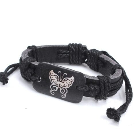 Black Leather Wristband with Butterfly
