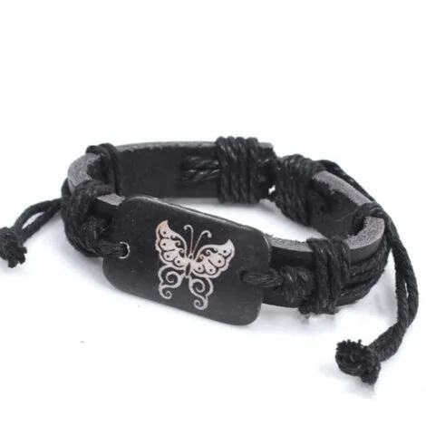 Black Leather Wristband with Butterfly