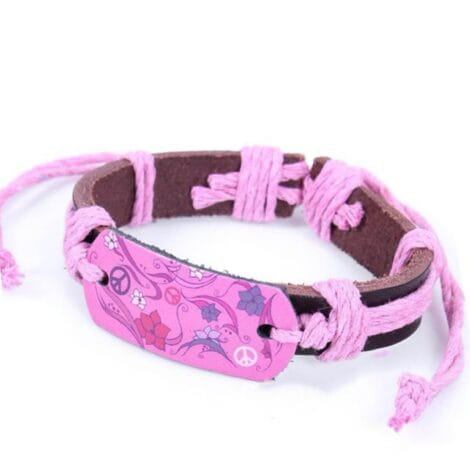 Brown Leather Wristband with Pink Flower Motif