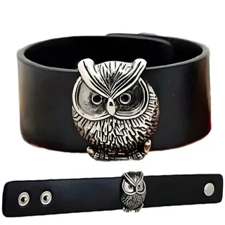 Silvery Wise Owl Black Wristband