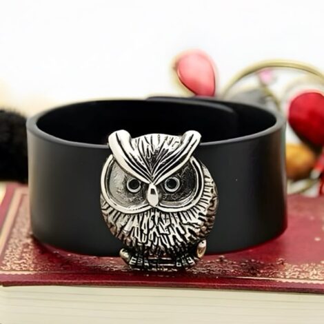 Silvery Wise Owl Black Wristband - Image 2