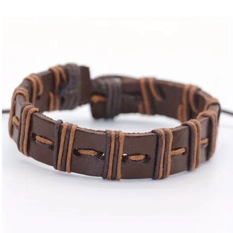 Brown Leather Tribal Wristband with Cord Wrap