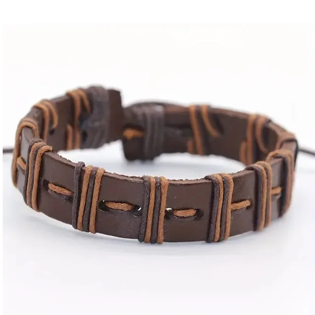 Brown Leather Tribal Wristband with Cord Wrap