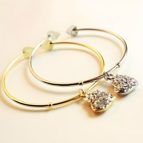 Crystal Heart Bangle in Gold or Silver