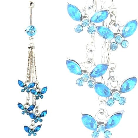 Aqua CZ Belly Ring with Chain Tassels and Gem Butterflies