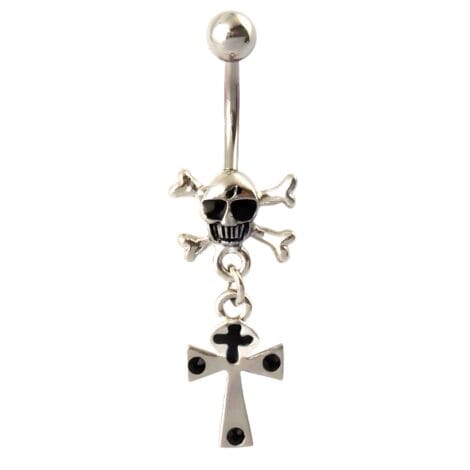Skull and Cross Bones Belly Ring with Dangling Cross