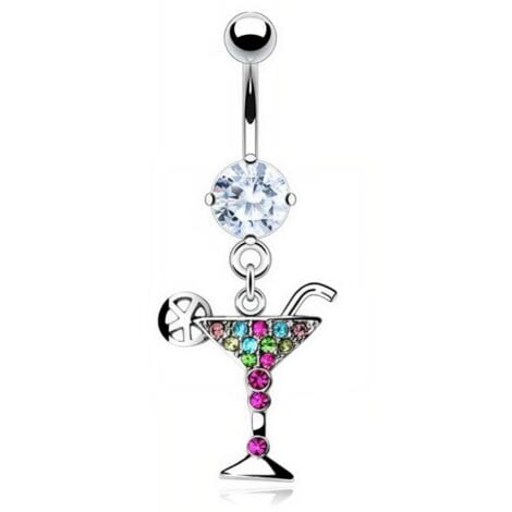 CZ Sparkling Martini Glass Belly Ring with Lemon and Straw