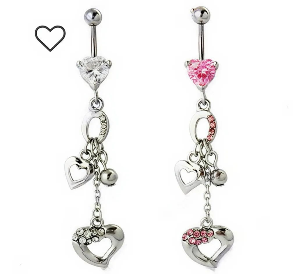 Heart CZ Belly Ring with Dangling Hearts and Beads