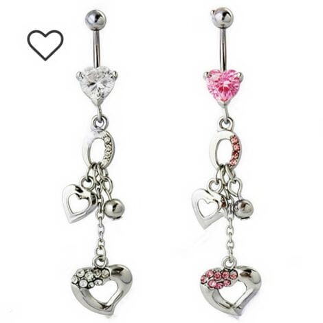 Heart CZ Belly Ring with Dangling Hearts and Beads