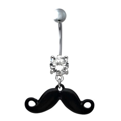 Prong Set Clear CZ Belly Ring with Dangle Black Mustache