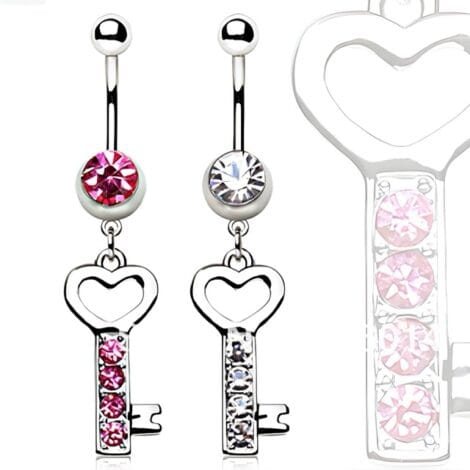 Crystal Paved Heart Shaped Key Belly Navel Ring