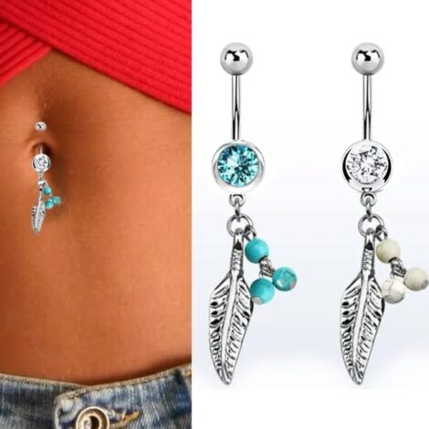 Dream Catcher Belly Ring with Feather and Turquoise Beads - Image 3