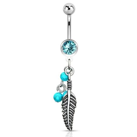 Dream Catcher Belly Ring with Feather and Turquoise Beads - Image 2