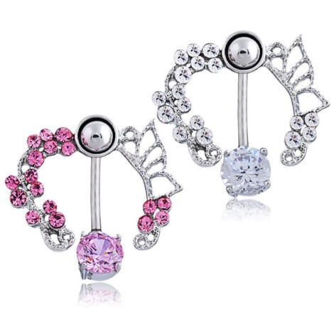 Prong CZ Belly Ring with Butterfly and Crystal Vine Shield