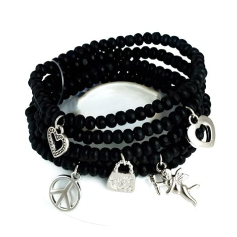 5 Wooden Black Bead Bracelets with Charms