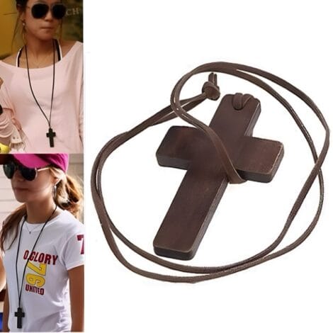 Brown Wood Cross With Leather Rope Necklace