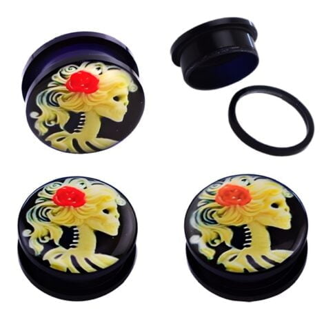 Acrylic Red Rose Skeleton Cameo Threaded Tunnel Pairs
