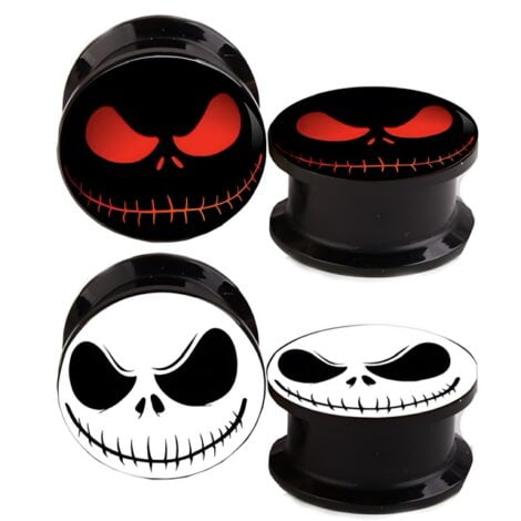 Acrylic Black Threaded Tunnel Pairs W/ Jack Skelington Face