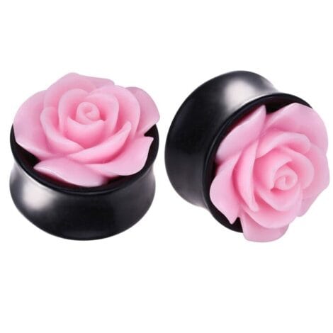 Acrylic Black Saddle Plug Pairs With Pink Rose Bud Top