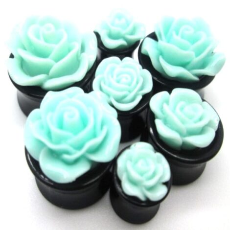 Acrylic Black Saddle Plug Pairs With Mint Green Rose Bud Top - Image 2