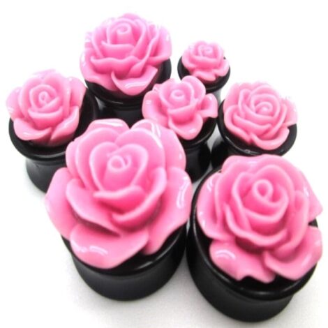 Acrylic Black Saddle Plug Pairs With Pink Rose Bud Top - Image 2