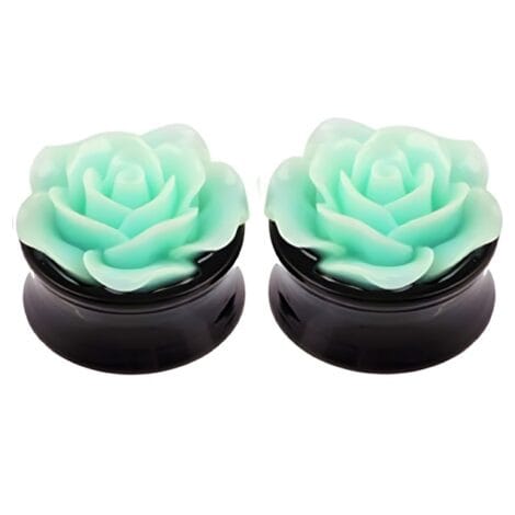 Acrylic Black Saddle Plug Pairs With Mint Green Rose Bud Top