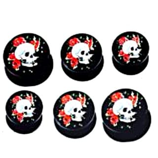 Black Acrylic Tunnel with Skull and Roses Internally Threaded Pairs