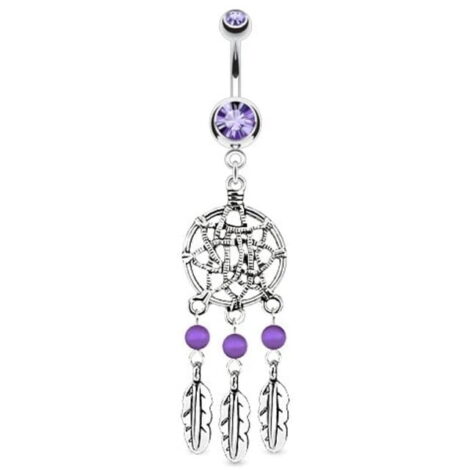 Belly Ring with Dream Catcher, Triple Beads and Feathers - Image 2