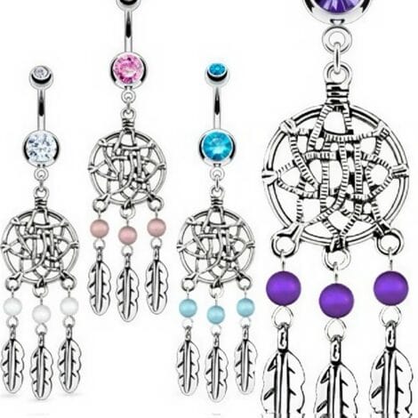 Belly Ring with Dream Catcher, Triple Beads and Feathers